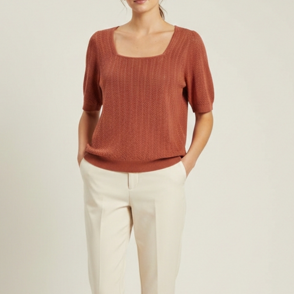 Reitmans Cotton Terracotta Knit Short Sleeve Top Sweater Pointelle Crochet XL